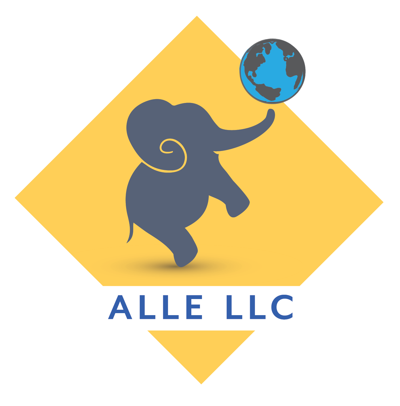 Alle LLC Logo- grey elephant on gold background holding up a globe